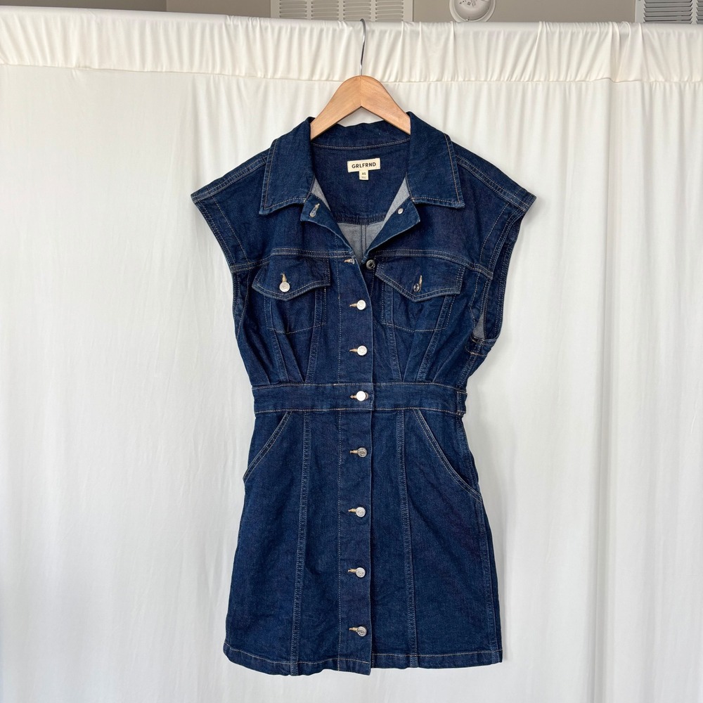 GRLFRND Celeste Denim Vest Dress XS Mini Sleeveless Dark Wash Button Boho Fall
